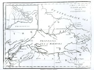 Mapa części Europy i Azji przylegających do Konstantynopola, z „Historii schyłku i upadku Cesarstwa Rzymskiego”, tom 9, autorstwa Edwarda Gibbona, 1808