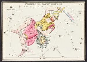 Mapy C.44.A.42 Perseusz i Caput Meudusa z „Zwierciadła Urania”; lub Widok niebios. [Pudełko z 32 kartami.]” autorstwa Jehoshaphata Aspina autorstwa English School