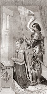 Małgorzata Duńska ze św. Kanutem, patronką Danii, za nią trzymająca sztandar przedstawiający krzyż wypraw krzyżowych. Małgorzata Duńska autorstwa English School