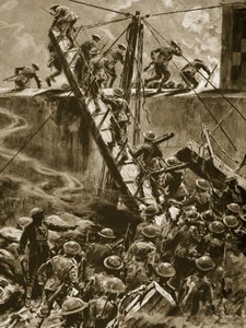 Marines i niebieskie kaftany wyskakują na trapach z H.M.S Vindictive, 1914-19 autorstwa English School
