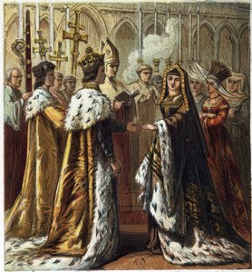 Ślub Henryka VII, króla Anglii (1457-1509) z Elżbietą York (1466-1503) w dniu 18 stycznia 1486. Ślub Henryka Siódmego i Elżbiety York. chromolitografia w „Pictures of English History”” wydanej przez George Routledge & Sons.1890. Privee autorstwa English School