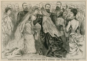 Ślub księżniczki Wiktorii Hesji i księcia Ludwika Battenberg, królowa Wiktoria pozdrawiająca pannę młodą, 16 maja 1884 autorstwa English School