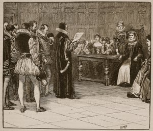 Mary Queen of Scots otrzymuje zawiadomienie o swojej zagładzie, ilustracja z Cassells Illustrated History of England (zdjęcie w sepii) autorstwa English School