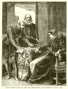 Mary Stuart o podpisaniu swojej rezygnacji, w zamku Lochleven, 1567 autorstwa English School