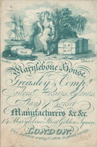 Marylebone House, Greasley & Co, krawcy, wyroby pończosznicze, rękawiczki, producenci pobytów i gorsetów, 14 Marylebone Street, Golden Square, karta handlowa autorstwa English School