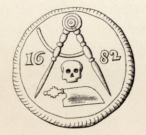 Pieczęć masońska stolarzy z Maestricht z 1682 r. z „Historii masonerii, tom II”, wydanej przez Thomasa C. Jacka, Londyn, 1883 r. autorstwa English School