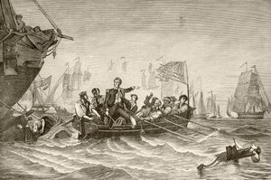 Główny komendant Oliver Hazard Perry przenoszony z amerykańskiego bryg Lawrence do amerykańskiej bryg Niagra podczas bitwy nad jeziorem Erie (litho) autorstwa English School