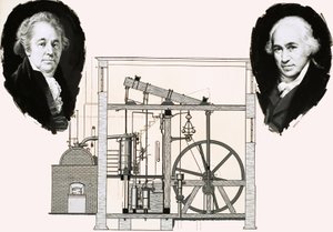 Matthew Boulton i James Watt z jednym z opatentowanych silników parowych autorstwa English School