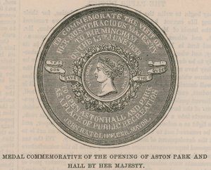 Medal upamiętniający otwarcie Aston Park and Hall przez Jej Wysokość autorstwa English School