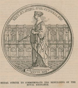 Medal wybity dla upamiętnienia odbudowy Królewskiej Giełdy autorstwa English School