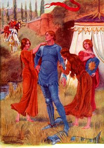 Średniowieczny rycerz, gwiazda poranna przygotowywana do bitwy. Kolorowa ilustracja przedstawiająca historię Garetha i Lynette z książki The Gateway to Tennyson wydanej w 1910 roku. autorstwa English School