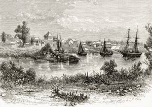 Melbourne, 1840, z „Australian Pictures” Howarda Willoughby’ego, opublikowane przez religijne Towarzystwo Traktowe, Londyn, 1886 autorstwa English School
