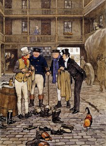 Mitglieder des Pickwick-Clubs treffen Sam Willer. Illustration der Werke von Charles Dickens (1812-1870) aus der englischen Schule. 1837 Private Sammlung