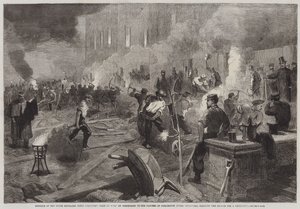 Członkowie South Middlesex Rifle Volunteers Corps at Work przy Torchlight w ogrodach Burlington House, Piccadilly, oczyszczają teren pod szopę wiertniczą (ryty) autorstwa English School