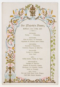 Menu na kolację królowej Wiktorii w poniedziałek 21 czerwca 1897, dzień przed jej Diamentowym Jubileuszem autorstwa English School