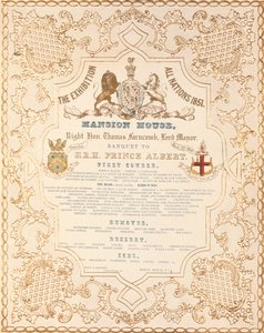 Menu bankietu dla księcia Alberta w Mansion House z okazji Wielkiej Wystawy Wszystkich Narodów, Londyn, 1851 r. autorstwa English School