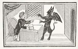 Mefistofeles przychodzi do domu doktorów, ilustracja z książki Chap-books of the Eighteenth Century Johna Ashtona, wyd. 1882 autorstwa English School