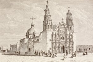 Katedra Metropolitalna na Plaza de Armas, Chihuahua, Meksyk w XIX wieku (litho) autorstwa English School