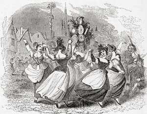 Taniec mleczarki ze stosem talerzy, May Day, Anglia, ze Starej Anglii: A Pictorial Museum, pub. 1847 autorstwa English School