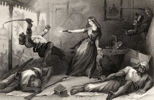 Miss Wheeler broniąca się przed Sepoys w Cawnpore w 1857, z „Historii indyjskiego buntu”, wydanej w 1858 (rycina) autorstwa English School