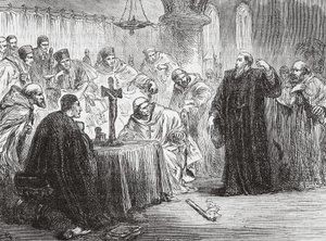 Mollio rzucający pochodnię przed Inkwizycją, ilustracja z Historii protestantyzmu Jamesa Aitkena Wylie (1808-1890), wyd. 1878 autorstwa English School