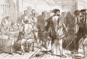 Zespół Moucharesa atakujący protestantów w hostelu w Faubourg St. Germain, ilustracja z Historii protestantyzmu Jamesa Aitkena Wylie (1808-1890), wyd. 1878 autorstwa English School