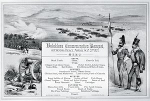 Zamontowane ilustrowane menu na bankiet upamiętniający Balaklava, który odbył się w Alexandra Palace, 25 października 1875 (rycina) autorstwa English School