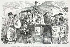Pan Briggs czując, że jego serce jest w Highlands, goni jelenia, rusza na północ, ilustracja z Punch autorstwa English School