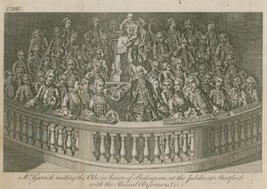 Pan David Garrick recytujący Odę na cześć Williama Szekspira podczas jubileuszu w Stratford autorstwa English School