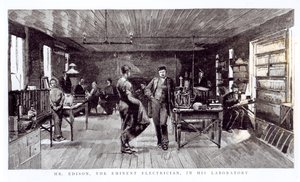 Pan Edison (1847-1931), wybitny elektryk, w swoim laboratorium autorstwa English School