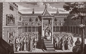 Pan Latimer przemawiający przed królem Edwardem VI w Westminster, ilustracja z Foxes Martyrs c.1703 autorstwa English School
