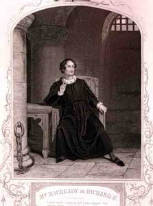 Pan Macready jako Ryszard II, akt V, scena 5, w sztuce Williama Szekspira (1564-1616) sztychowanej przez J. Rogersa (rycina) autorstwa English School