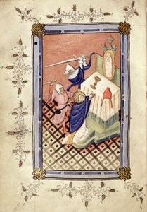 Ms.49 f.18v św. Tomasz z Canterbury (ok.1118-70) zaatakowany przez dwóch rycerzy, Horae, ok.1420-30 autorstwa English School