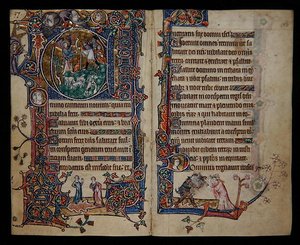 Ms 1-2005, ff.139v-140r: The annunciation to the Shepherds, historyczna inicjał „A” z Macclesfield Psalter, Use of Sarum, East Anglia, c.1330 (welum) autorstwa English School