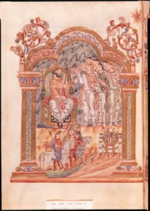 Ms 274 (Y-6) fol.36v Mędrcy odwiedzający króla Heroda, z Mszału Roberta z Jumieges, c.1016 autorstwa English School