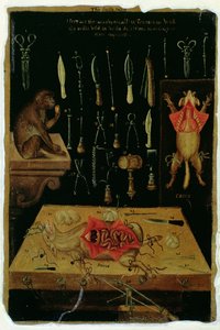 Ms Hunter 364 Tabela I Instrumenty do sekcji, z Anatomical Tables, autorstwa Johna Banistera (1540-1610) (olej na brązowym papierze) autorstwa English School