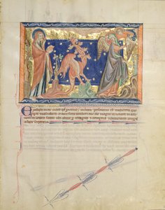 Ms L.A. 139-Lisboa fol.31 Św. Jan obserwujący anioła pomagającego kobiecie uciec przed czerwonym smokiem, z Apokalipsy Gulbenkian, c.1265-70 autorstwa English School