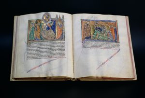 Ms L.A. 139-Lisboa fol.37 v-38 Bestia bluźni imieniu Boga i ludzie czczący 3. i 2. bestię, z Apokalipsy Gulbenkian, c.1265-70 autorstwa English School