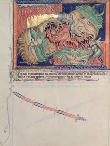 Ms L.A. 139-Lisboa fol.71 Szczęki piekła połykające czerwonego smoka, bestię morską i bestię ziemską, z Apokalipsy Gulbenkian, c.1265-70 autorstwa English School