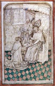Pani R 14.5 f.8v Thomas Bekynton, biskup Bath i Wells, przyjmuje Chaundlera z mszału Abingdon, 1457-61 autorstwa English School