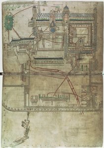 Ms R 171 f.285 Plan katedry w Canterbury i systemu wodno-kanalizacyjnego, z „Psałterza Eadwine”, c.1150 (welum) autorstwa English School