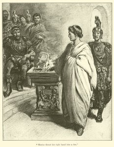 „Mucjusz włożył swoją prawą rękę w ogień” (rycina) autorstwa English School