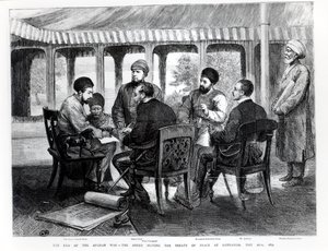 Muhammad Yaqub Khan (1849-1923) podpisuje traktat pokojowy w Gundamak 26 maja 1879 r. autorstwa English School