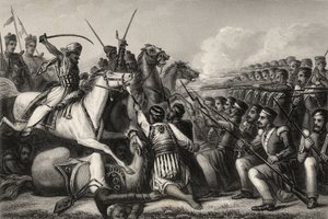Kawaleria buntowników atakująca plac piechoty w bitwie pod Cawnpore w 1857 r., z „Historii buntu indyjskiego”, opublikowanej w 1858 r. autorstwa English School