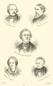 Nathaniel Hawthorne, Charles Dickens, William Makepeace Thackeray, Charlotte Bronte, Thomas De Quincey autorstwa English School