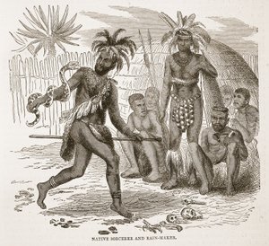 Native Sorcerer and Rain-maker, ilustracja z The Pictorial Edition of the Life and Discoveries of David Livingstone by J. Ewing Richie, wyd. przez A. Fullartona & Co., 1876 autorstwa English School