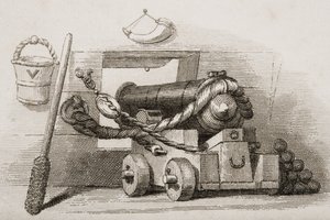 Kanon marynarki wojennej, ilustracja z Anglii Bitwy morskie i lądowe autorstwa Lieuta. płk Williams autorstwa English School