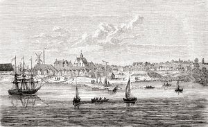 Nowy Amsterdam, XVII-wieczna holenderska osada na południowym krańcu wyspy Manhattan w Ameryce, z ilustrowanej historii świata Warda i Locka, wyd. ok. 1882 r. autorstwa English School