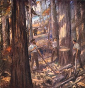 Nowy Brunszwik, William Davidson, pierwszy drwal w Kanadzie, tnący maszty dla brytyjskiej marynarki wojennej (kolorowa litografia) autorstwa English School