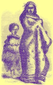 Nowozelandzka kobieta i chłopiec, ilustracja z Notable Voyagers autorstwa Williama Kingstona, opublikowana w 1885 r. (obraz ulepszony cyfrowo) autorstwa English School